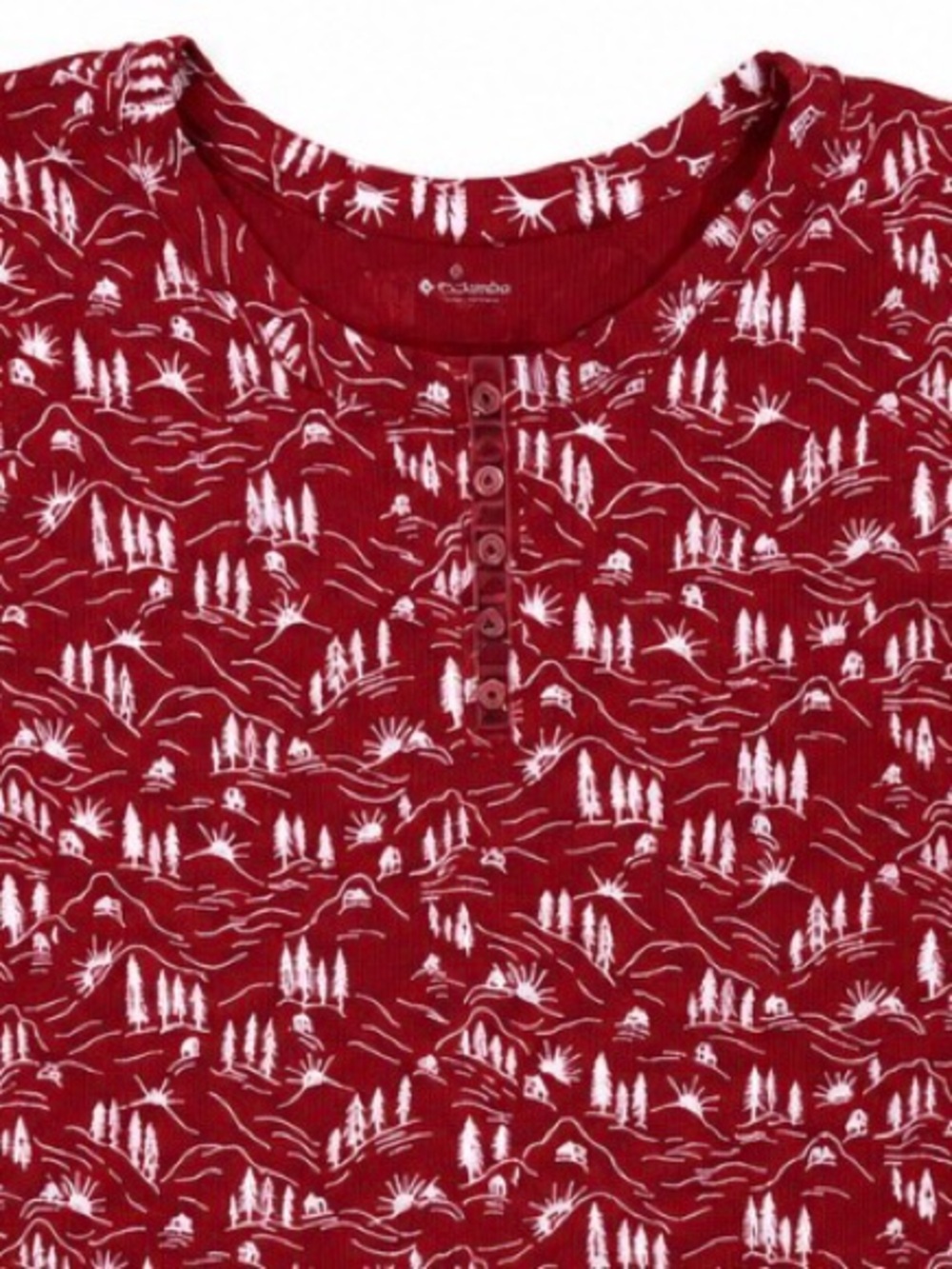 Columbia Thermal Red Long Sleeve Henley with Winter Scene Print Velvet Trim New